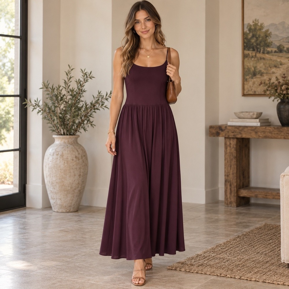 Halara Breezeful Plum Burgundy Drop Waist Maxi Dress Size 8 NWT Resort
